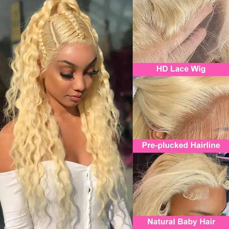 
                  
                    Turn heads with our Deep Wave 613 Blonde HD Lace Frontal Wig, pre-plucked with baby hairs for a natural look. Made from 100% human hair, it features soft, defined deep waves and an HD lace frontal that melts seamlessly into your skin, creating an undetectable, flawless hairline.
                  
                