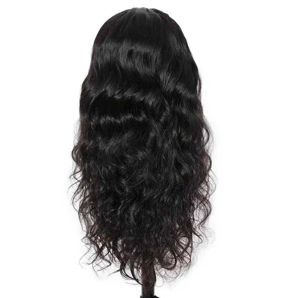
                  
                    Back view of the HD Swiss Lace 13*4 Body Wave Human Hair Wig, highlighting its natural black color and soft, flowing wave texture.
                  
                