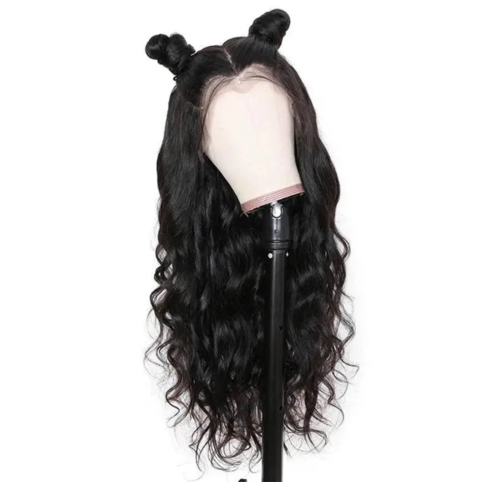 
                  
                    HD Swiss Lace 13*4 Body Wave Human Hair Wig displayed on a mannequin, styled with two buns to showcase its versatility and natural hairline.
                  
                