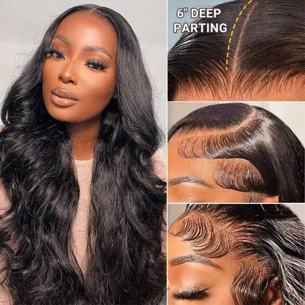 
                  
                    Close-up of HD Swiss Lace 13*4 Body Wave Human Hair Wig, featuring a 6-inch deep parting and baby hair for a realistic and natural appearance.
                  
                