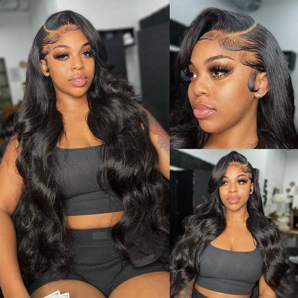 
                  
                    HD Swiss Lace 13*4 Body Wave Human Hair Wig styled in different looks, highlighting its natural black color, deep parting, and seamless lace frontal.
                  
                