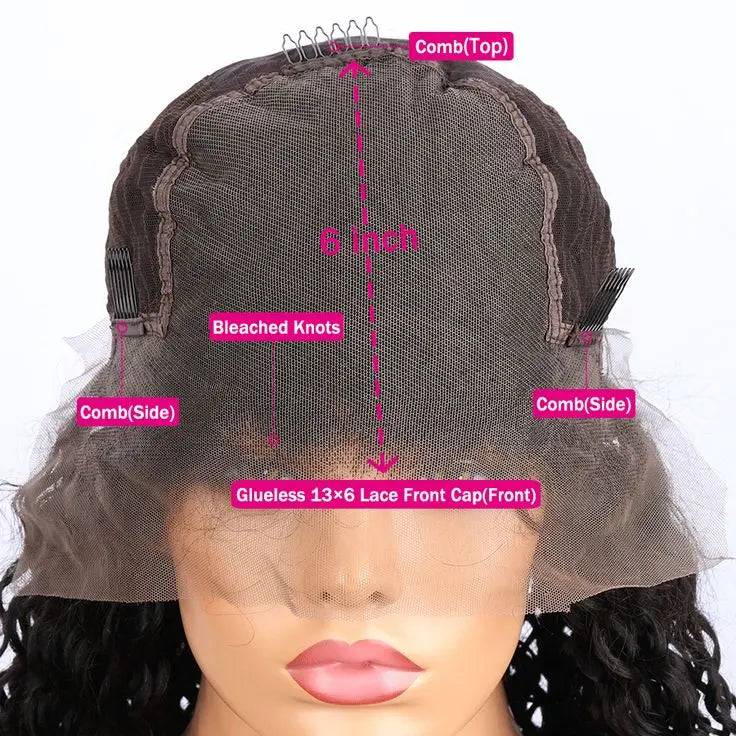 
                  
                    Inside view of the HD Swiss Lace 13*4 Body Wave Human Hair Wig, showing the glueless lace front cap, bleached knots, and secure comb attachments.
                  
                