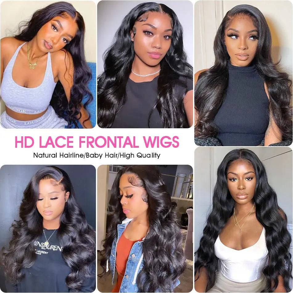
                  
                    Collage of models wearing HD Swiss Lace 13*4 Body Wave Human Hair Wigs, showcasing different styles, natural hairlines, and high-quality lace frontal.
                  
                